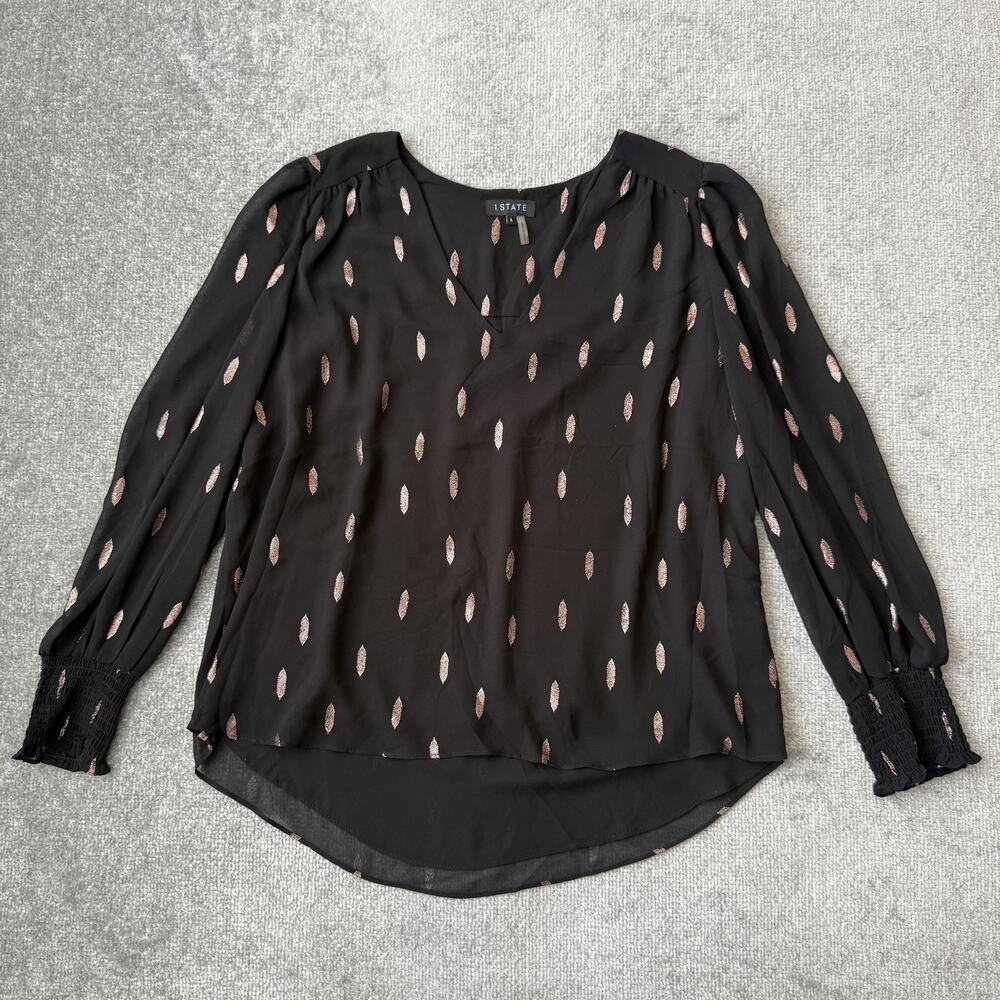 1 State Blouse Womens Large Black Pink Metallic Long Sleeve Sheer Top Pullover